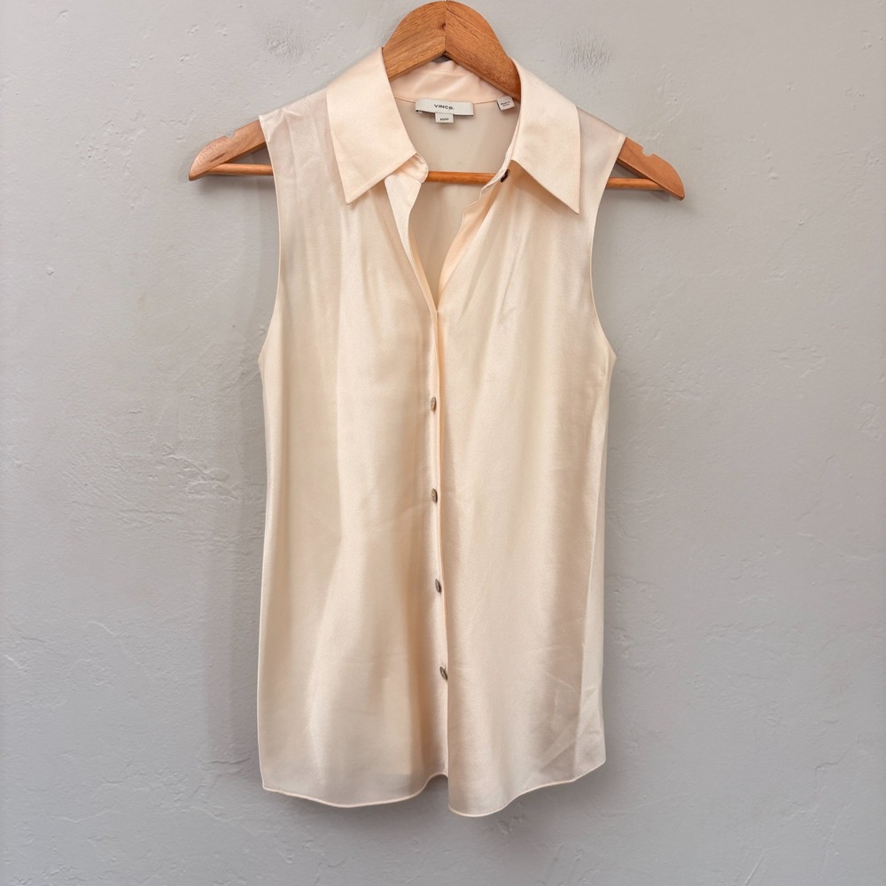 Vince 100% Silk Top Women Size XS Ivory Blush Sleeveless Button Up